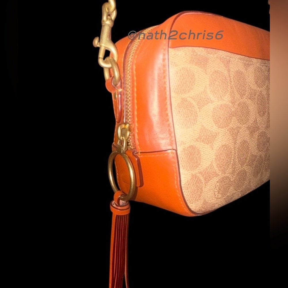 COACH Logo Print & Leather Camera Bag in Brown/Rust Burnished leather. - Picture 4 of 16